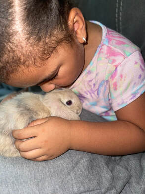 Lovely Bunny's customer's daughter giving their new pet bunny a kiss